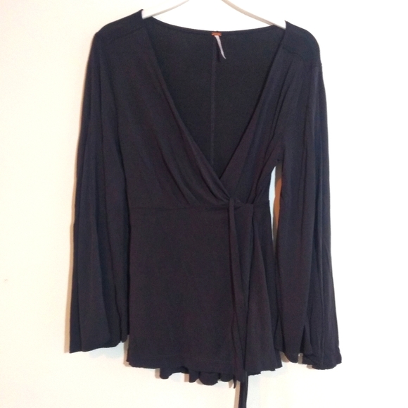 Free People Bell Sleeve Wrap Top BOHO Shirt Tie - Picture 3 of 7